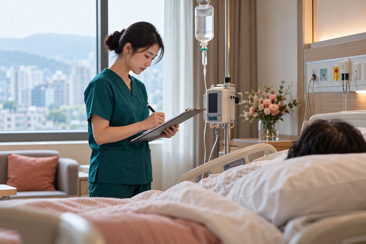 護理師於醫學中心病房為病人進行住院期特護